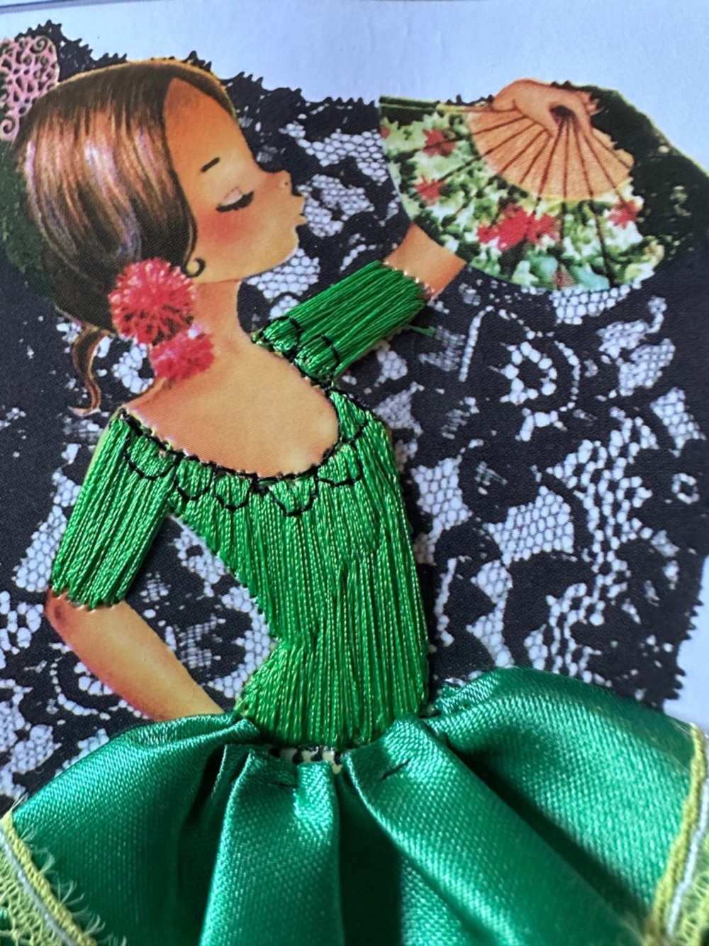 Embroidered Spain Flamenco Girl Dancer Green Dress Postcard. - Picture 2 of 3